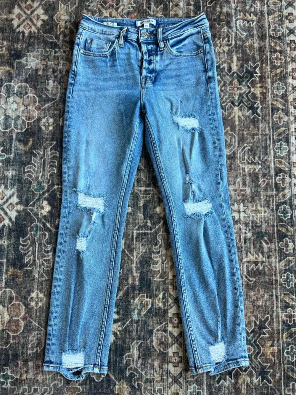 VIGOSS Slim Straight Jeans 25 Distressed High Rise Medium Wash Stretch Denim
